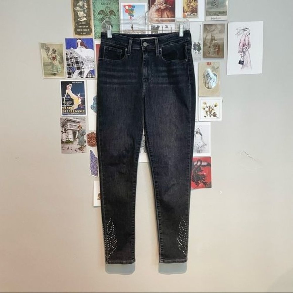LEVIS 721 HIGH RISE HIGH WAIST SKINNY JEANS STUD ACCENT DETAIL DARK WASH 28